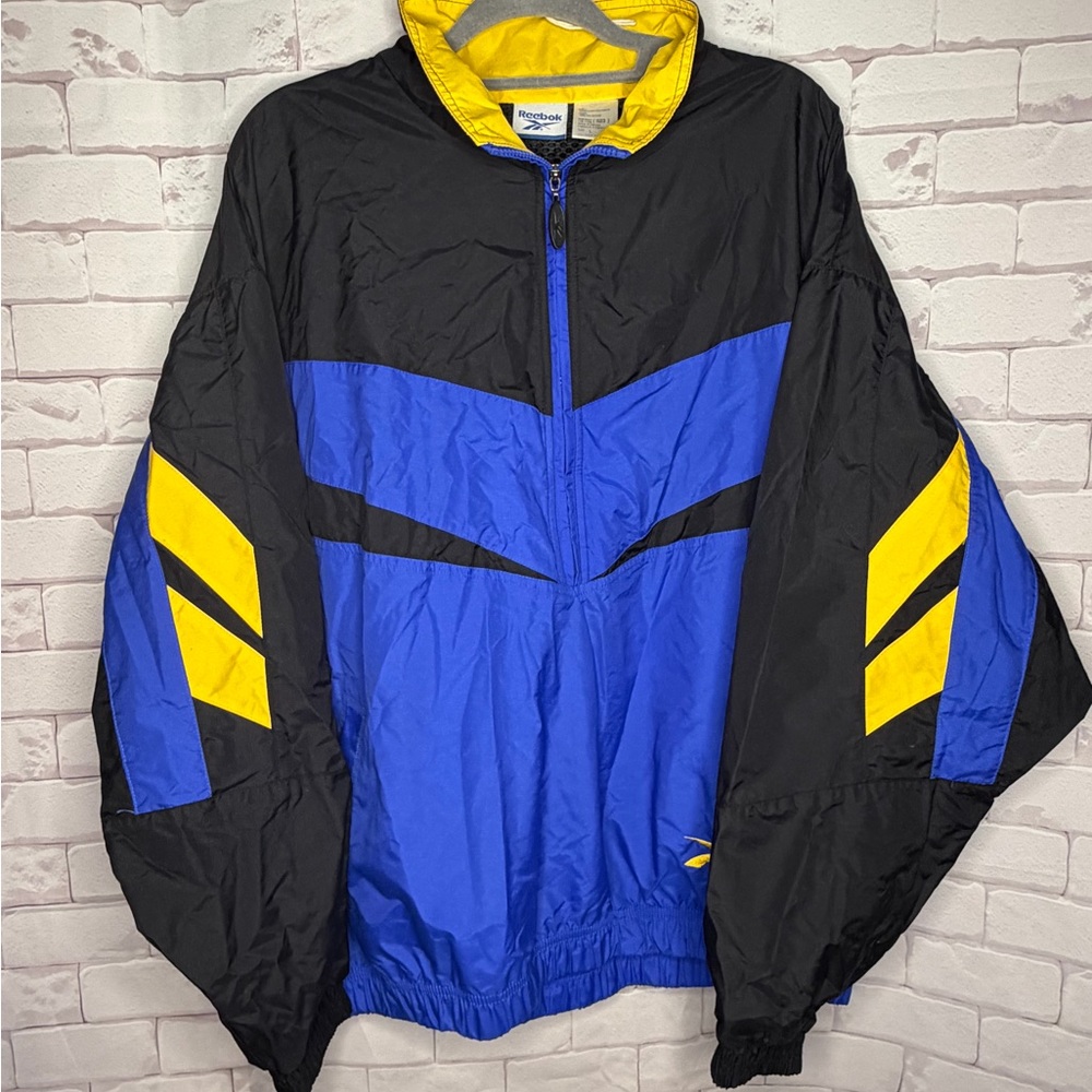 Vintage Reebok Black and Blue Windbreaker with Yellow Accents